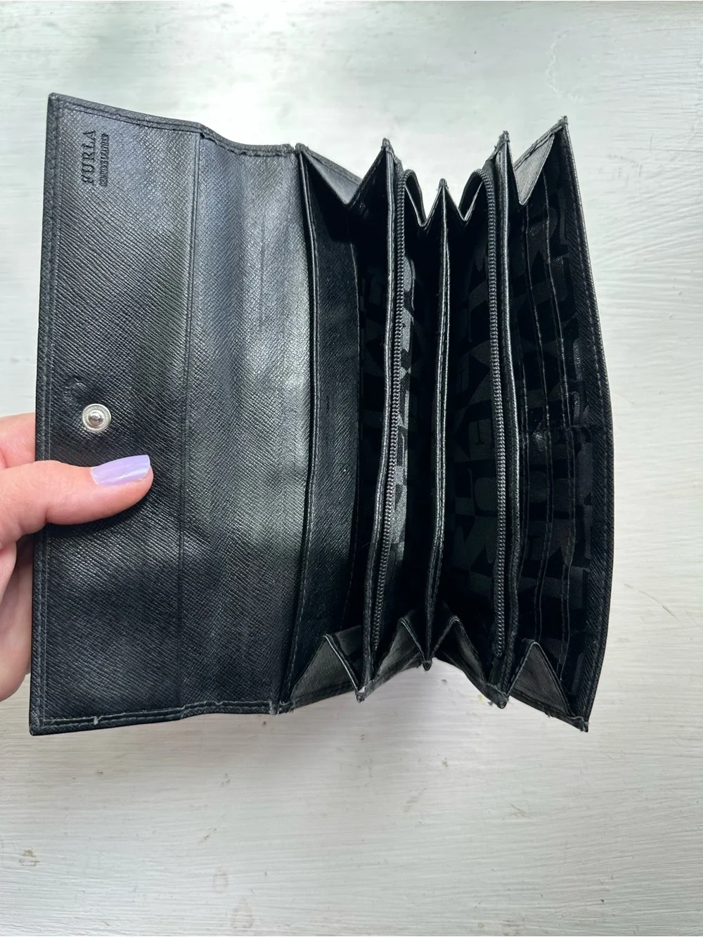 Furla Black Saffiano Leather Continental Wallet Snap Zip Organizer Quiet Luxury